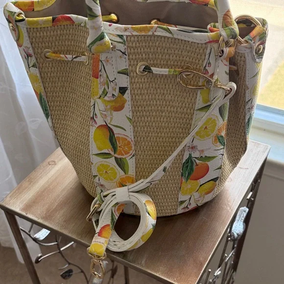 Italina Lemon Print Straw Bucket Tote - White & Yellow - Picture 3 of 4